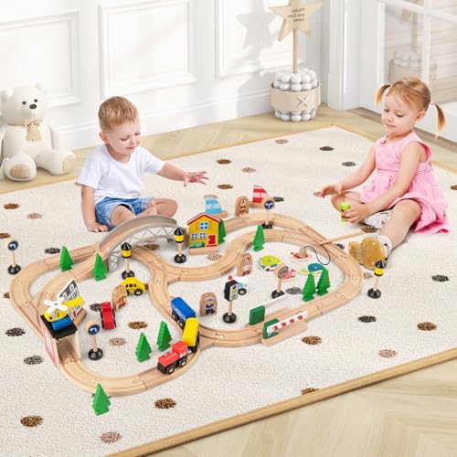 Costzon Train Table, 5 in 1 Kids Activity Wooden Set w/ 78 Pieces Railway Playset, Reversible Map Top, Blackboard, Building Bricks Station & Large Storage Space, Toddler Sensory Table for 18 M+ - size: 31" x 22.5" x 15.5" (L x W x H)