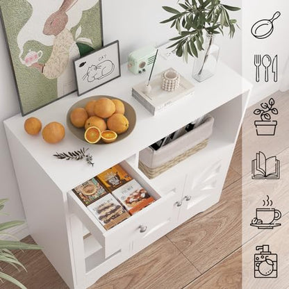 Storage Cabinet with Power Outlet, 35" Modern Sideboard Buffet Cabinet w/Adjustable Shelf, Wooden Kitchen Cabinet with Open Shelves for Living Room, Dining Room, Kitchen, White - color: White, style: Microwave Cabinet