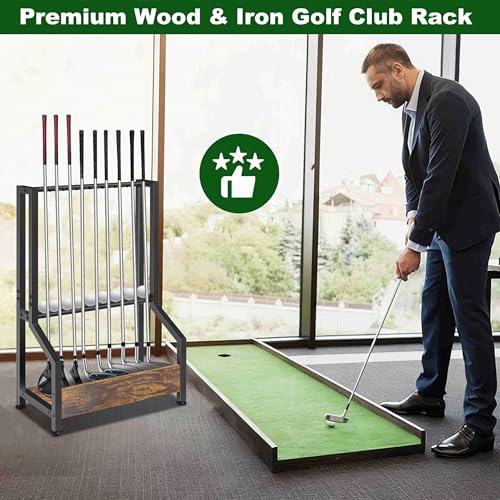 Golf Club Holder Stand Rack for 9 Clubs & 9 Balls, Putter Holder Rack Wood & Iron Golf Club Display Storage Rack for Simulator Garage