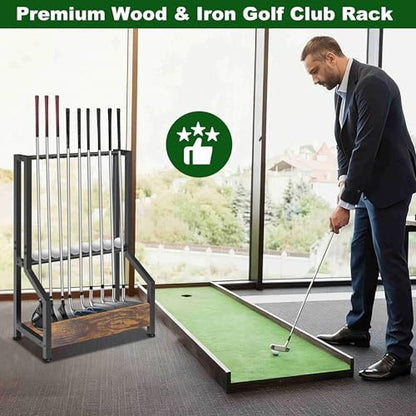 Golf Club Holder Stand Rack for 9 Clubs & 9 Balls, Putter Holder Rack Wood & Iron Golf Club Display Storage Rack for Simulator Garage
