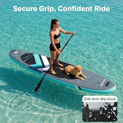 SereneLife 10’6” Inflatable Stand Up Paddle Board with Premium SUP Accessories - 32” Wide Stable Design with Non-Slip EVA Deck Pad, for Youth and Adults, 350 lbs. Capacity - color: Black