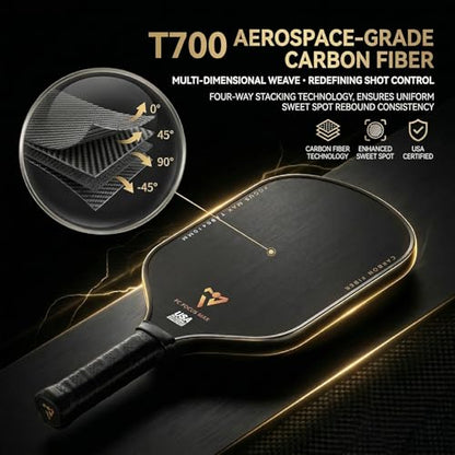 T700 Carbon Fiber Pickleball Paddle, Pickleball Set 16mm Pickle Ball Rackets with CMS Matte Surface Lightweight Honeycomb Core & Durable Edge Frame Larger Sweet Spot - color: MAX -1 Racket