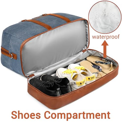Weekender Bag for Women, Large Overnight Bag Canvas Travel Duffel Bag Carry On Tote with Shoe Compartment 21" 3Pcs Set - color: A13-brown+blue