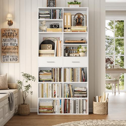 HOSTACK 73" Tall Bookshelf with Drawers, 7-Tier White Bookshelf with Storage, Double Wide Bookcase with 14 Open Book Shelves, Wood Book Case with Adjustable Shelves for Media CD DVD Storage, White - color: White