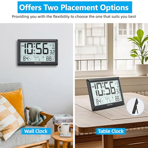 Atomic Clock Wall with Indoor/Outdoor Temp, Battery Operated Digital Wall Clock with 10.5" Large LCD Display, 330ft Range Desk Table Clock with Alarm, DST, Calendar for Living Room Bedrooms, Black - color: Black