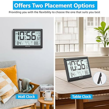 Atomic Clock Wall with Indoor/Outdoor Temp, Battery Operated Digital Wall Clock with 10.5" Large LCD Display, 330ft Range Desk Table Clock with Alarm, DST, Calendar for Living Room Bedrooms, Black - color: Black