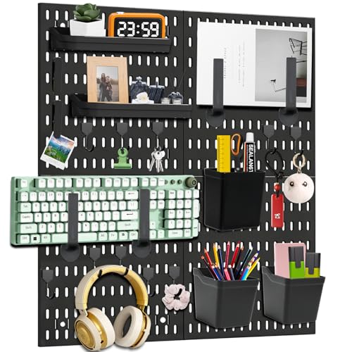 Peg Board Kit, ABS Plastic Wall Organizer Panels, 4 Pack, 12 x 12 in | with Hooks / Shelves / Bins / Accessories, Wall Mounted / No Drill / Adhesive, for Office / Gaming Room / Craft Room