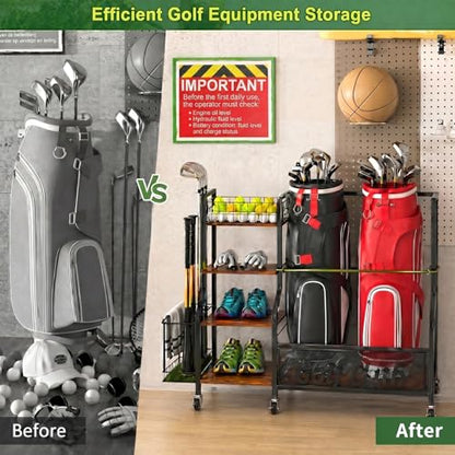HavenlyYouth Golf Bag Storage Organizer for Garage – Fits 2 Bags, 360° Swivel Wheels, Wood Shelves, Anti-Tip Straps