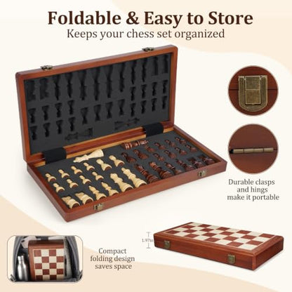 15.4" Magnetic Wooden Chess Set for Adults & Kids, Handcrafted Foldable Chess Board with Individual Storage Slots, 2 Extra Queens, Portable Travel Chess Set, Home & Office Decor, Gift for Chess Lover