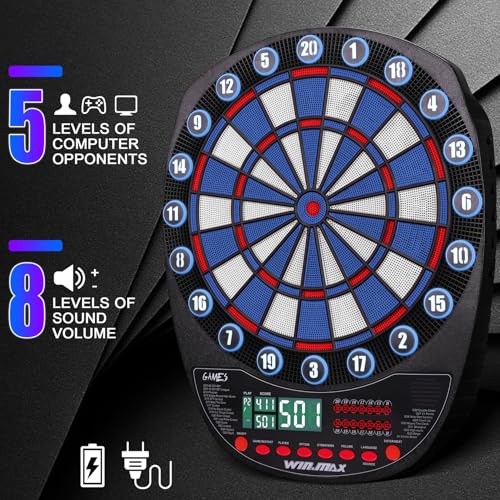 WIN.MAX Electronic Dart Board Soft Tip Dartboard Set LED Displays 3 Languages with 12 Darts 100 Tips Power Adapter - color: BLUE/WHITE WITH LIGHTS