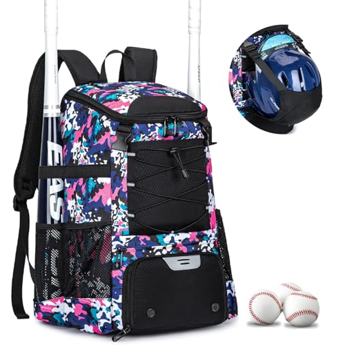 KAVIGOR Baseball Bag for Youth and Adult, Softball Backpack 40L Large Capacity, Bat Backpack with Shoes Compartment and Hidden Helmet Holder - color: Pink Camo