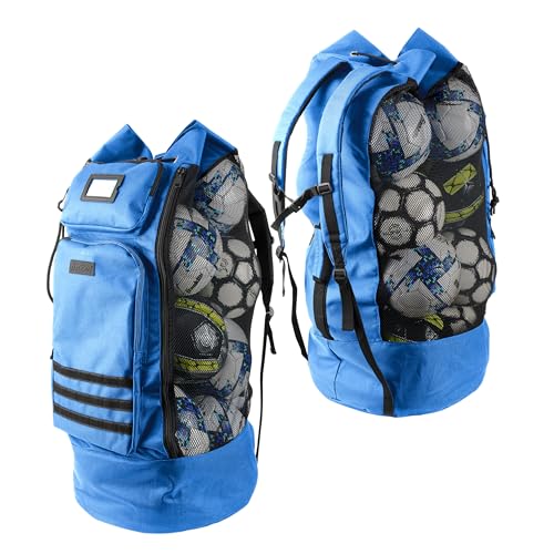 Fitdom Heavy Duty XL Soccer Mesh Equipment Ball Bag w/Adjustable Backpack Shoulder Strap Design for Coach. 2 Different Size Front Pockets for Sporting Accessories. - color: Sky Blue