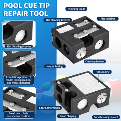Billiards Pool Cue Tip Shaper, Pool Cue Tips Replacement Kit, Pool Cue Shaper, Pool Cue Tip Tool, Pool Cue Tips Repair Tool for Replacement and Shaping Cue Tips - color: Black 12 in 1