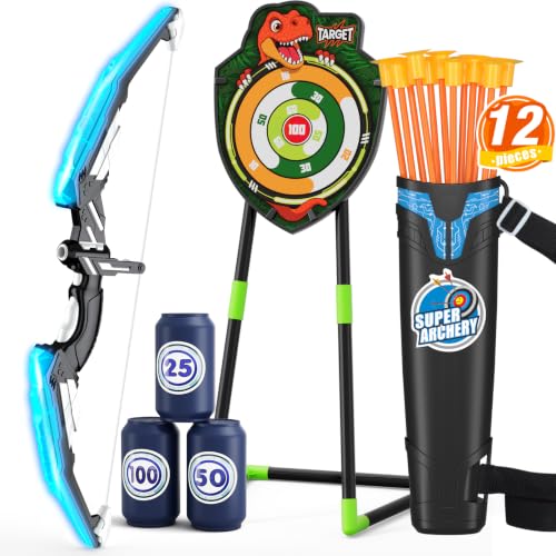 HYES Bow and Arrow for Kids, LED Light Up Archery Set with 12 Suction Cup Arrows, 1 Standing Target, 3 Score Targets & 1 Quiver, Indoor Outdoor Sport Gifts for Boys Girls Ages 4-12, Blue - size: 1 pack-blue standing target