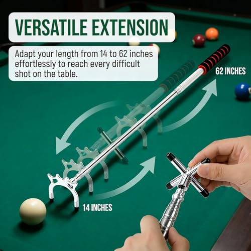 Pumtus Retractable Pool Cue Bridge, Billiards Cue Rest with 3 Pieces Removable Alloy Bridge Head, Snooker Pool Cue Bridge Stick, Billiards Table Accessories for Pool Table, Game, Competition