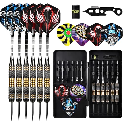 Professional 6 Pack Steel Tip Darts Set - 22 Grams Darts Metal Tip Set in Case - Brass Darts with 12 Aluminum Shafts, 12 Dart Flights, Dart Tool and Dart Sharpener for Beginners to Pros