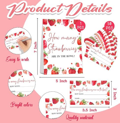 Strawberry Baby Shower Games, Strawberry Decorations for Bridal Shower, Guess How Many Strawberries Are in the Jar, Party Games & Activities 50 Cards and Sign - size: 5" x 7"