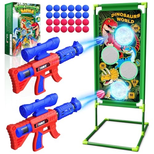 Dinosaur Shooting Game Toys, 2 Air Pump Launcher with Aiming Fun, 3 Dinosaur Theme & 4 Target Score Points, 24 Foam Balls, Indoor Outdoor Toy Gift for Kid Boy 3 4 5 6 7 8 9 10 11 12 Year Old Age 3-12