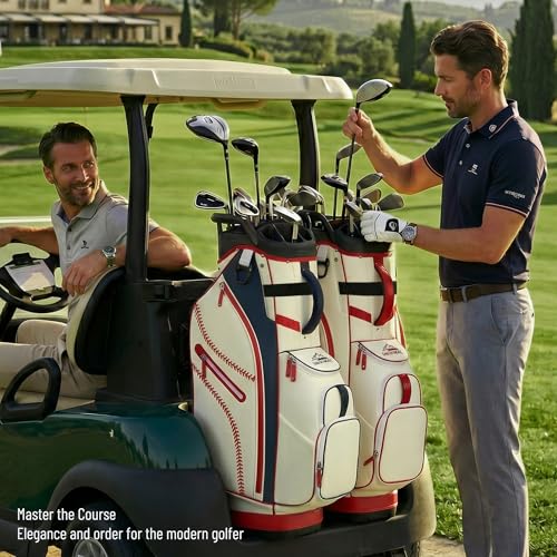 uniHimal Golf Cart Bag with 14-Way Full-Length Dividers, Premium PU Leather Golf Bag for Men Women with Plush Top, Magnetic Pocket and Rain Cover, Lightweight Golf Club Bag Includes Cooler Pockets - color: Beige Red Blue