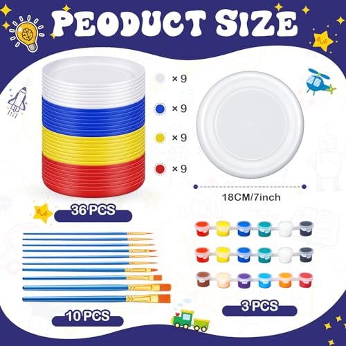 Tenceur 36 Pcs DIY Plastic Flying Disks Bulk 7 Inch Paint Your Own White Flying Disc with Paintbrushes and Paints for Party Favors and Crafts Fun Home Activities Games (Navy Blue,Red,Yellow,White) - color: Navy Blue, Red, Yellow,White