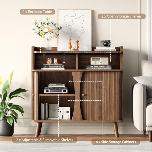 Decofy 39" Buffet Sideboard Cabinet, Mid Century Modern Console Cabinet with Roller Shutter Sliding Doors & Adjustable Shelves for Kitchen Cabinets, Living Room, Entryway, Coffee Bar Cabinet (Walnut) - color: Walnut