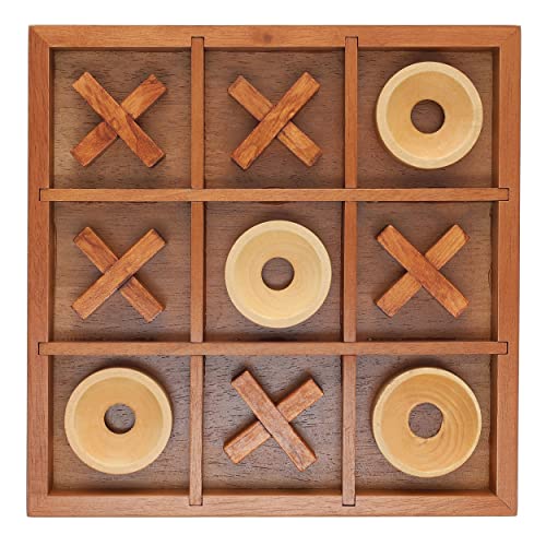 Wooden Tic Tac Toe Game – 9 Inch Solid Wood Board with X and O Pieces, Decorative Coffee Table Game, Classic Home Décor Accent