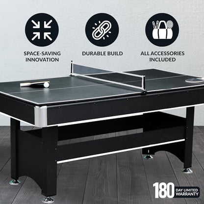 Hathaway Spartan 2-in-1 6ft Pool Table with Ping Pong Top for Game Room – with Red Felt, Engineered Wood Frame, Drop Pockets, Cues, Balls, Triangle, Chalk, Net, Paddles, Balls – Black Finish