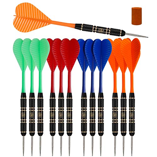 Steel Tip Darts Set |12 pc Bar Darts; 3 of Each Color; Perfect Fun Darts for 4 Players Throwing Metal Tip On Dartboard in Family Game Room, Man Cave - color: 20g Black Brass-STC10435