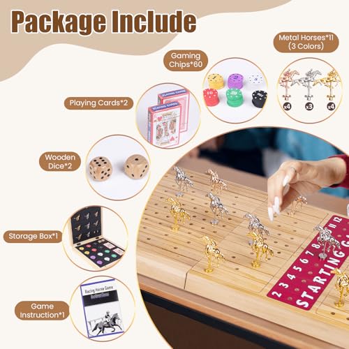 Extra Large 28 inches Foldable Horse Race Board Game for Adults,Thickened Wood Chessboard,Includes 11 Luxurious Metal Horses, 60 Chips,2 Dice,2 Boxes of Cards,Classic Wooden Table Top Board Games