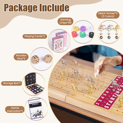 Extra Large 28 inches Foldable Horse Race Board Game for Adults,Thickened Wood Chessboard,Includes 11 Luxurious Metal Horses, 60 Chips,2 Dice,2 Boxes of Cards,Classic Wooden Table Top Board Games