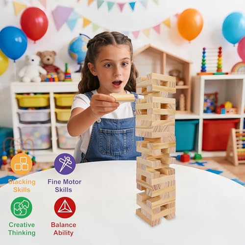 Offelec Wooden Blocks Stacking Games - 54 pcs Tumbling Tower Blocks Game for Kids & Adults, Family Board Games, Montessori Toys with Natural Wood Blocks, Portable Stacking Toys Party Games - style: Color Box