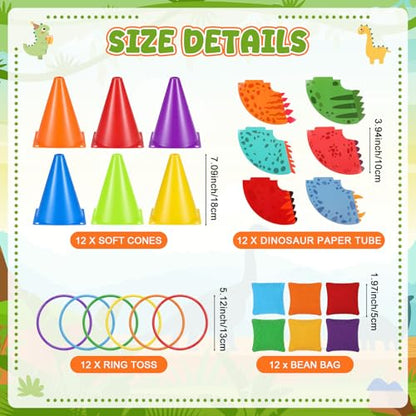 RoundFunny 12set 3 in 1 Ring Toss Game Set, Carnival Game Kit with Cones, Rings, Bean Bags & Storage Bag, Includes 12 Dinosaur Card Sets for DIY Toss Games, Birthday Party, Easter, Carnival - style: Dinosaur