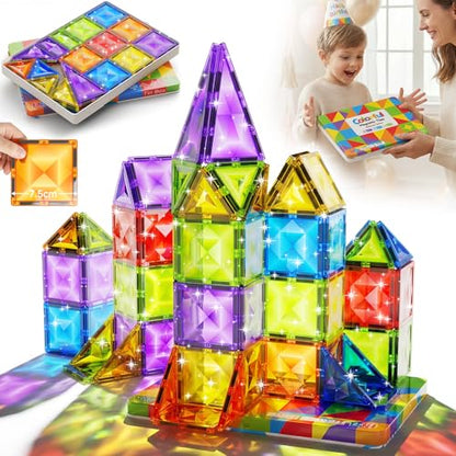 Magnetic Tiles for Kids Gift: 48 PCS Diamond Large Magnet Building Blocks in Storage Tin Box - 7.5cm Big Size 3D STEM Sensory Toy - Boys Girls Age 3-6 Birthday Party - style: Large Magnetic Tiles - 48PCS