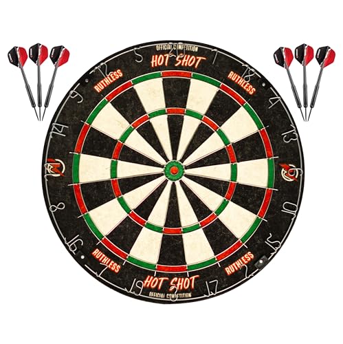 Ruthless Hot Shot Dart Board | Endurance Round Wire Sisal Dartboard Set Including 2 sets of Steel Tip Darts