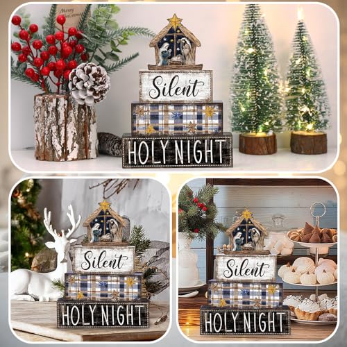 DIYDEC 4Pcs Christmas Table Decoration Christmas Jesus Wooden Block Sign Xmas Tiered Tray Decor Winter Centerpiece Decorative Sign for Holiday Tabletop Coffee Fireplace Shelf Desk Party Decor - style: Blue Jesus