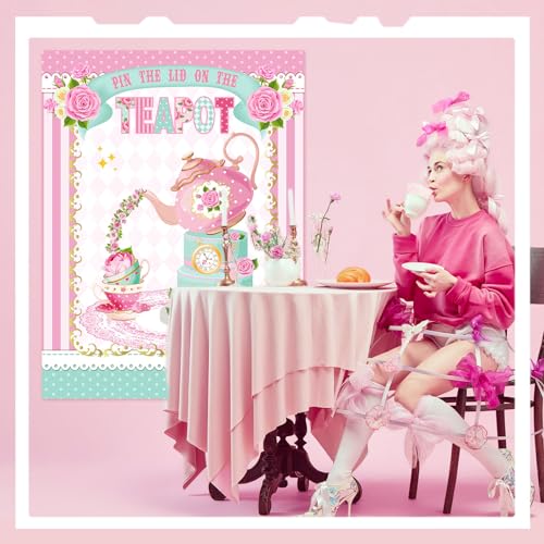 Faccito Tea Party Games Pin The Lid on The Teapot with 24 Lid Stickers Pink Blindfold Floral Poster Pin Games Set Birthday Decorations for Women Let's Par Tea Birthday Party Activity Supplies - style: Tea