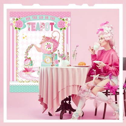 Faccito Tea Party Games Pin The Lid on The Teapot with 24 Lid Stickers Pink Blindfold Floral Poster Pin Games Set Birthday Decorations for Women Let's Par Tea Birthday Party Activity Supplies - style: Tea