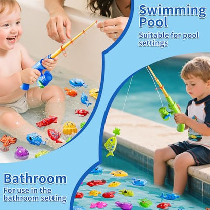 60 Pcs Magnetic Fishing Pool Toys Game for Kids Toddlers, Fishing Water Table Bathtub Toy with Inflatable Pool Pole Rod Net Bucket Plastic Floating Fish, Water Bath Pool Outdoor Toy for Kids Age 3 4 5 - style: 2 rods 2 nets 2 buckets 51 fish