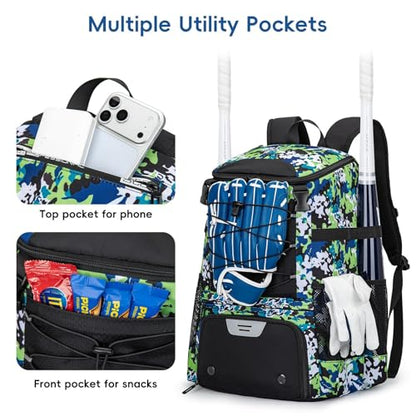 KAVIGOR Baseball Bag for Youth and Adult, Softball Backpack 40L Large Capacity, Bat Backpack with Shoes Compartment and Hidden Helmet Holder - color: Green Camo