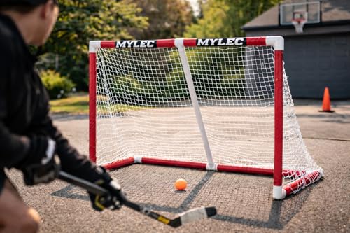 Mylec PVC Junior Hockey Folding Goal for Indoor + Outdoor (54 x 44 Inches), Lightweight & Portable, Sleeve Netting System (Red, 15 Pounds)