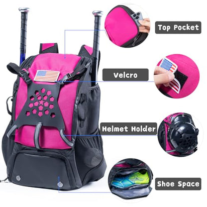 Baseball Backpack for Youth, Boys, Adults - Bat and Softball Equipment Bag With Glove Holder, Helmet, Shoes Compartment - T-Ball Accessories and Baseball Gifts - color: Pink - 42L