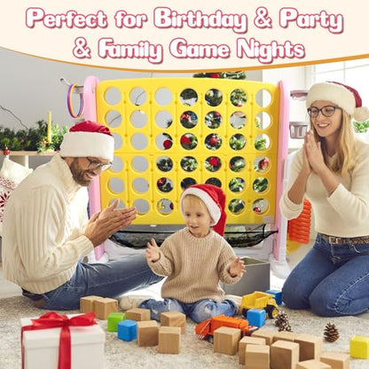 Ancaixin Giant 4 in-A-Row Connect Game Set, Adjustable Height Jumbo Yard Game with Basketball Hoop, Golf, Mesh Pocket & Ring Toss, Indoor Outdoor Family Backyard Party Game for Kids and Adults, Yellow - color: Yellow