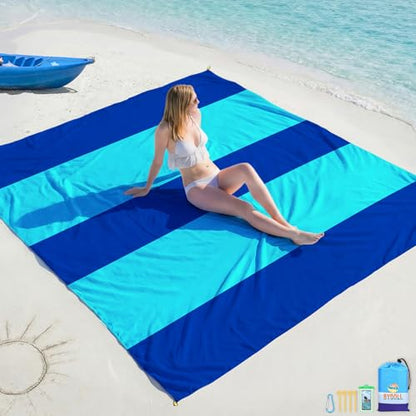 BYDOLL Beach Blanket Waterproof Sandproof Large Sand Free,78''X81''/10'X9' Oversized Sandless Lightweight Blanket Picnic Mat for Beach Travel Camping Hiking with Stakes - color: Blue2 Mix, size: 10'X9'