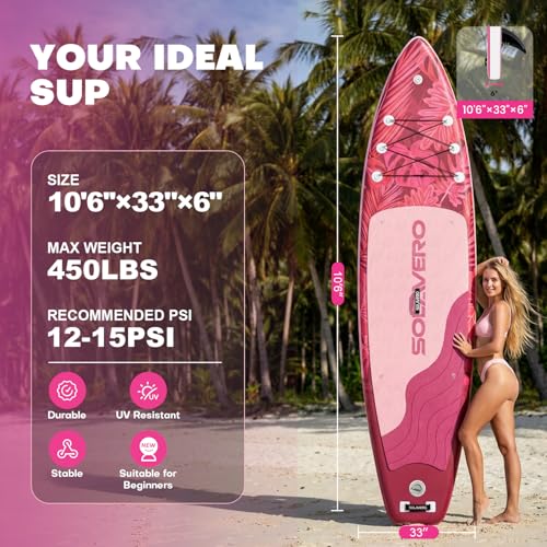 SOLAVERO 10'6" Inflatable Paddle Board for Adults, Stand Up Paddle Board with Premium SUP Accessories,Anti-Slip EVA Deck for Youth & Adults of All Skill Levels - color: Tropical Pink