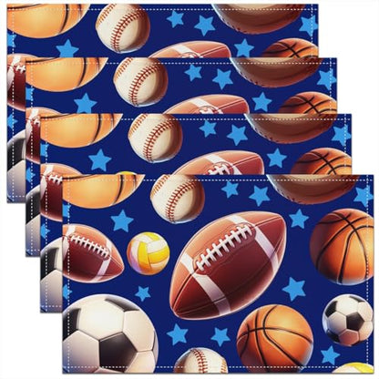 Erosebridal Ball Games Placemats Set of 4 12x18 Soccer Sports Place Mat for Boys Men Basketball Baseball Volleyball Stars Dark Blue Heat Resisting Table Mats - color: Dark Blue