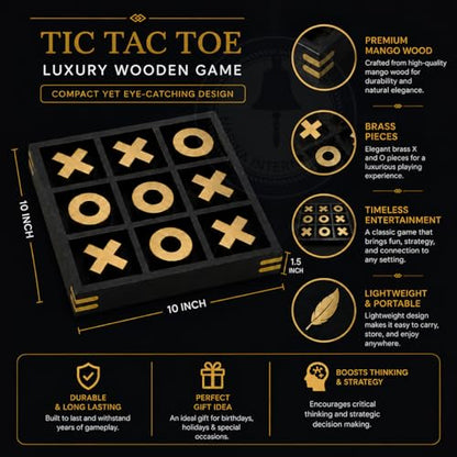 10" Large Elegant Premium Black Tic Tac Toe Board Game | Wooden Puzzle Game | Coffee Table Wooden Decor & Games | Lightweight Gold Plated Pieces