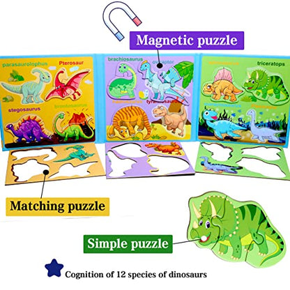 Magnetic Puzzles for Kids Ages 3-5, Travel Toddler Puzzles, Dinosaur Activities Toy for Boys & Girls 3 4 5 6 yo - Learning Magnet Gift for Road Trip - style: Dinosaur