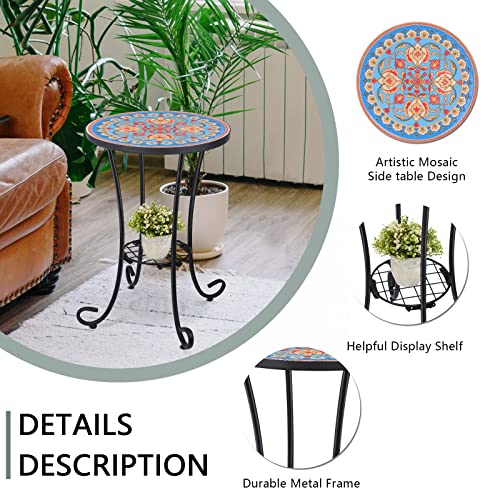 VCUTEKA Outdoor Side Table Mosaic Patio Table Accent Tables Mosaic Tile Top Metal Frame Small End Tables Porch Beach Patio Garden Balcony Blue 14'' - color: Blue