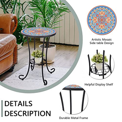 VCUTEKA Outdoor Side Table Mosaic Patio Table Accent Tables Mosaic Tile Top Metal Frame Small End Tables Porch Beach Patio Garden Balcony Blue 14'' - color: Blue