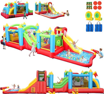Whubefy Giant 29FT Bounce House Water Slide for Kids 3-12, Huge Sectional Obstacle Course Bouncy Castle with Slides/Tunnels/Climbing Walls/Jumping Area/Obstacles/Splash Pool/Basketball Hoops/Dartboard - style: 550+370W Blower